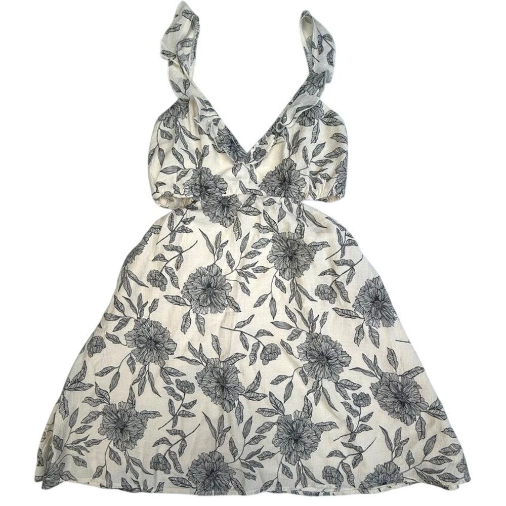Abercrombie & Fitch Floral Tie-Strap Midi Dress Ivory Black Size S